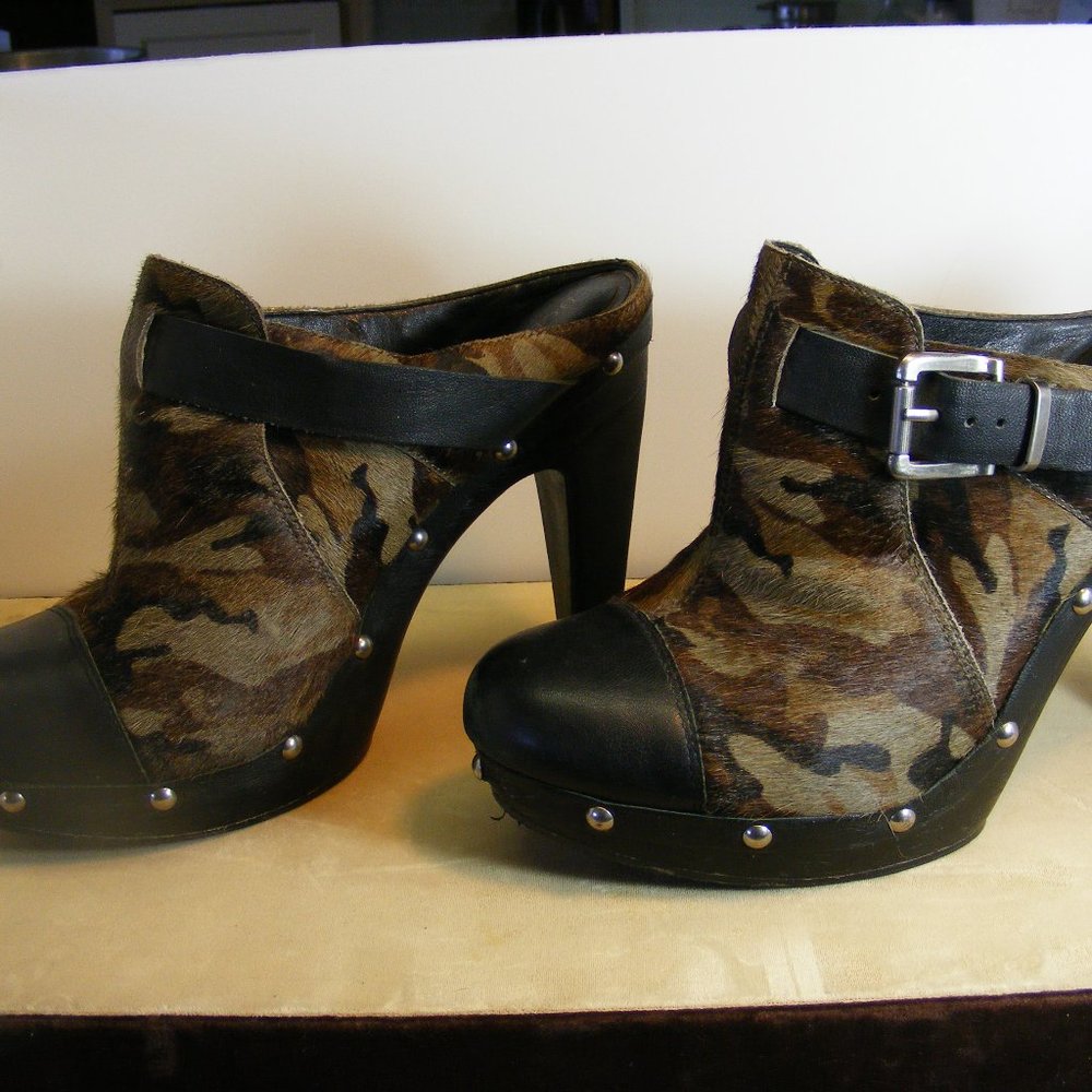 BCBGeneration Millard Camouflage Pony Calf Hair Studded Platform High Heel Mules